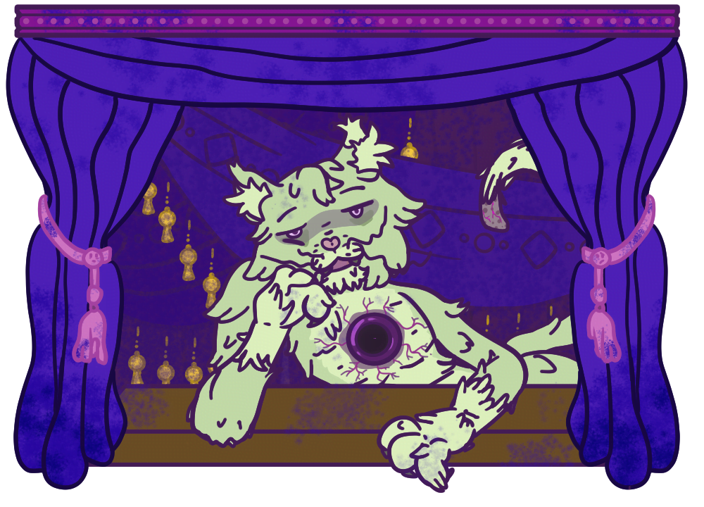 Mangy green cat furry with an ominous purple hole in chest with purple veins spreading outwards from it. The cat lounges behind a counter surounded by dirty blue curtains.