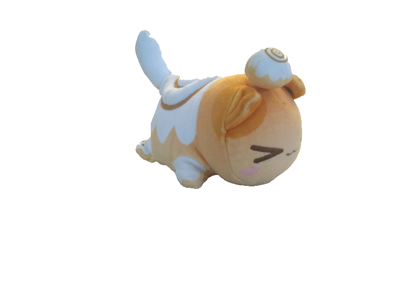 Gif of a plushie cat with a cinnamon roll design from different angles.