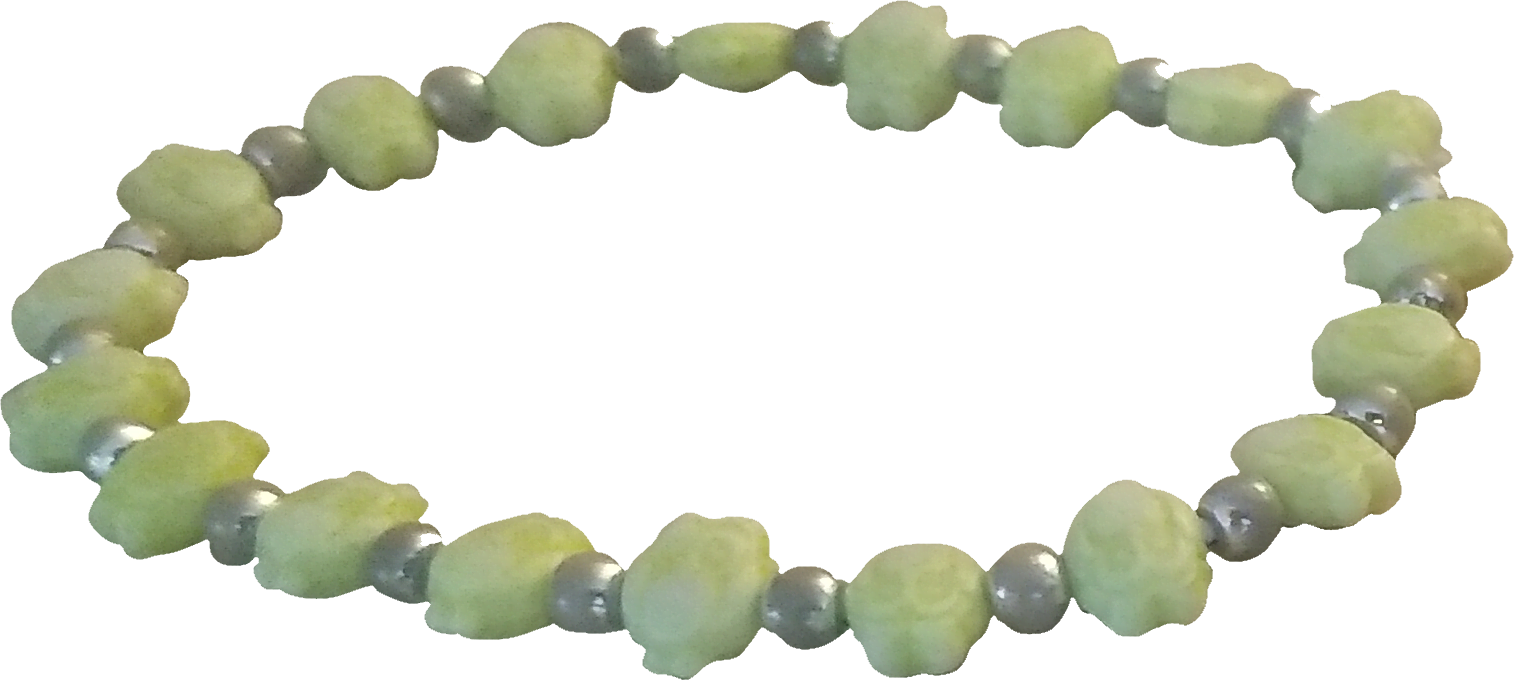 a bracelet with green owls and silver beads