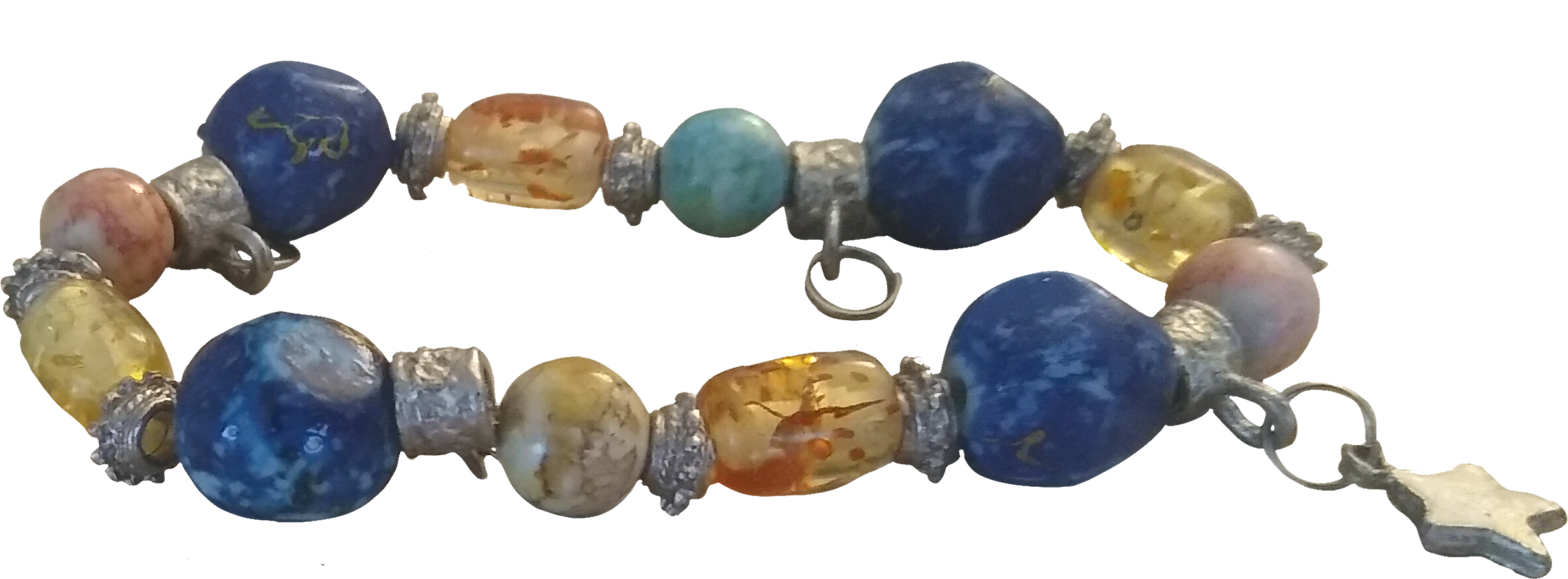 a bracelt with blue and orange repeated beads and planetary beads mixed inbetween. a silver star charm is attatched.