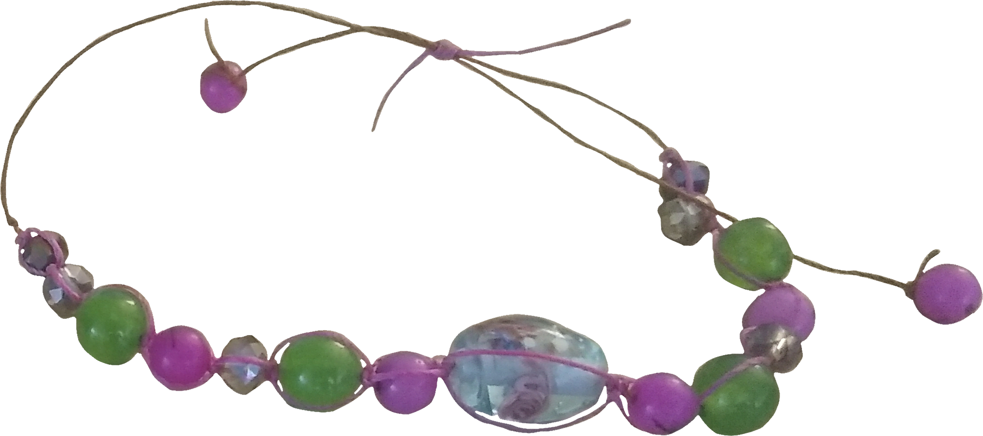 a handmade bracelet with purple and green beads, with a transparent center bead