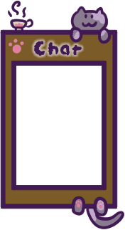 A frame for a chat window. A brown rectangle frame with the center cut out for the chat window. A cat poking is head at the top and paws poking out at the bottom. A steaming tea cup also sits ontop of the rectangle.