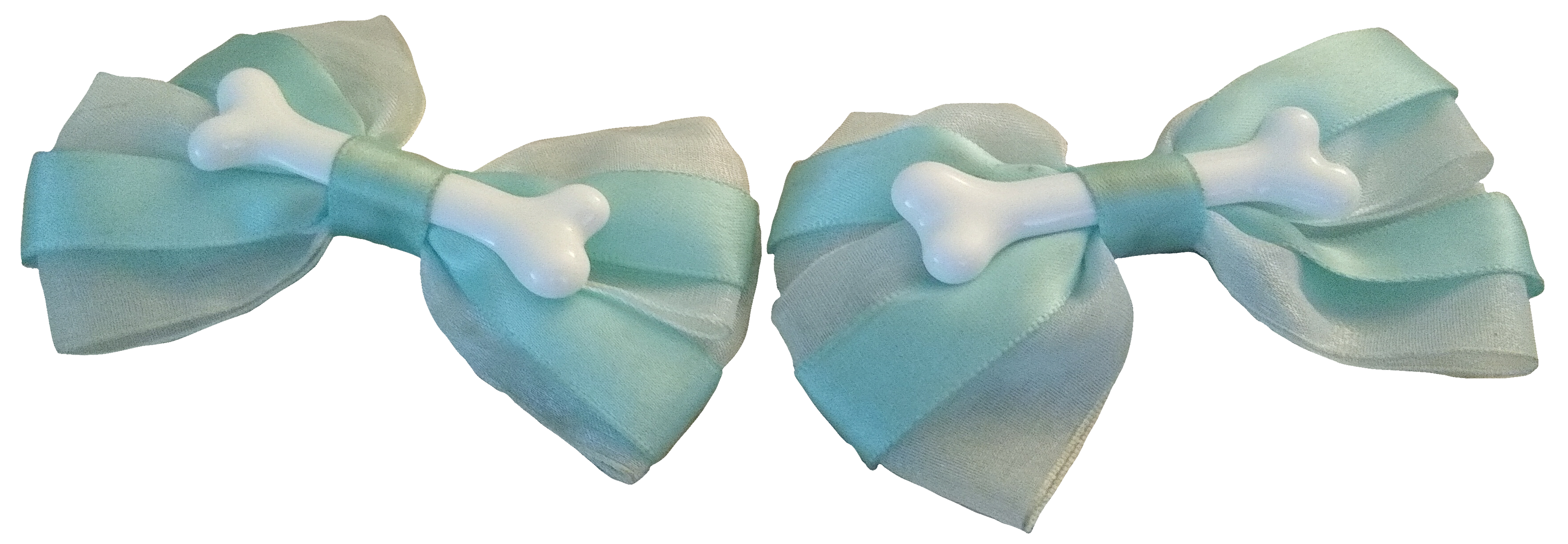 Two hair clips. White and blue bow, with a bone in the center.