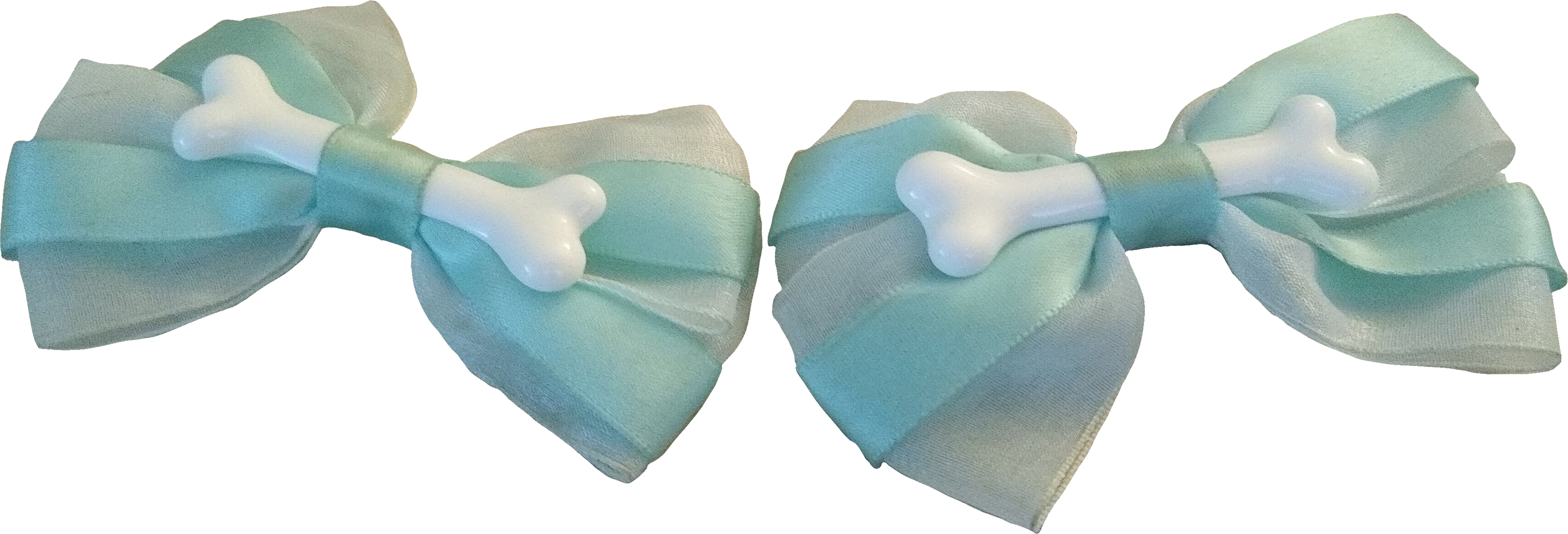 Two hair clips. White and blue bow, with a bone in the center.