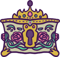 Drawing of a vintage jewelry box, detailed with roses, two pink gems, and a crown on the top.