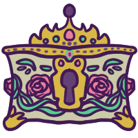 Drawing of a vintage jewelry box, detailed with roses, two pink gems, and a crown on the top.