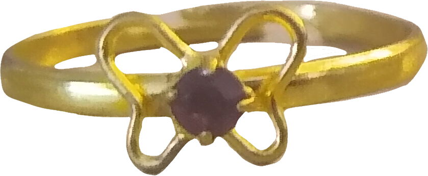 simple gold butterfly ring with a purple center gem