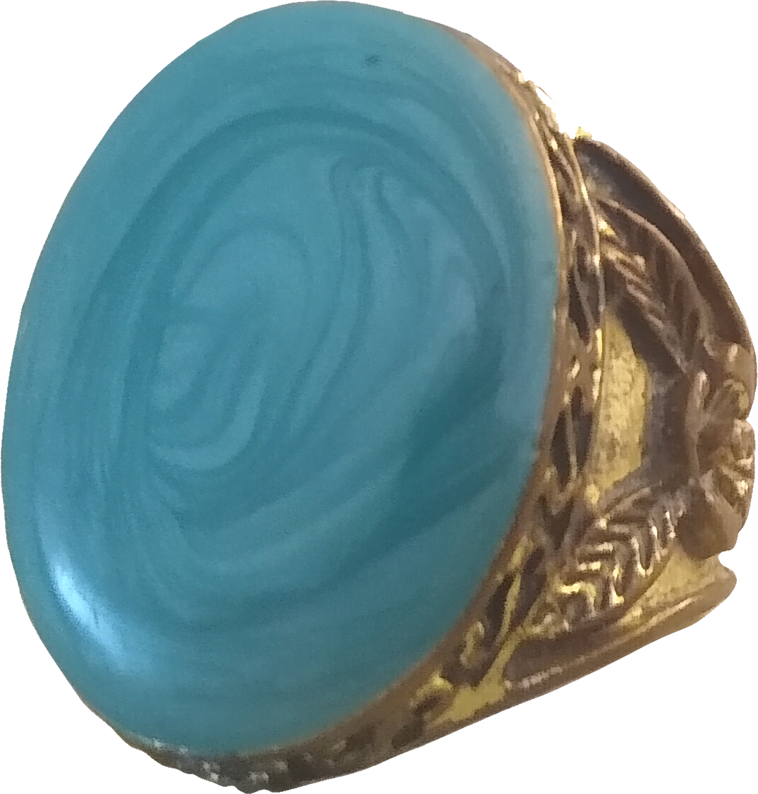 a floral banded gold ring with a blue swirled center gem