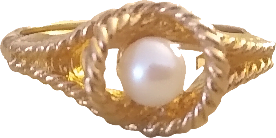 a gold ring twisted to look like rope with a pearl at its center