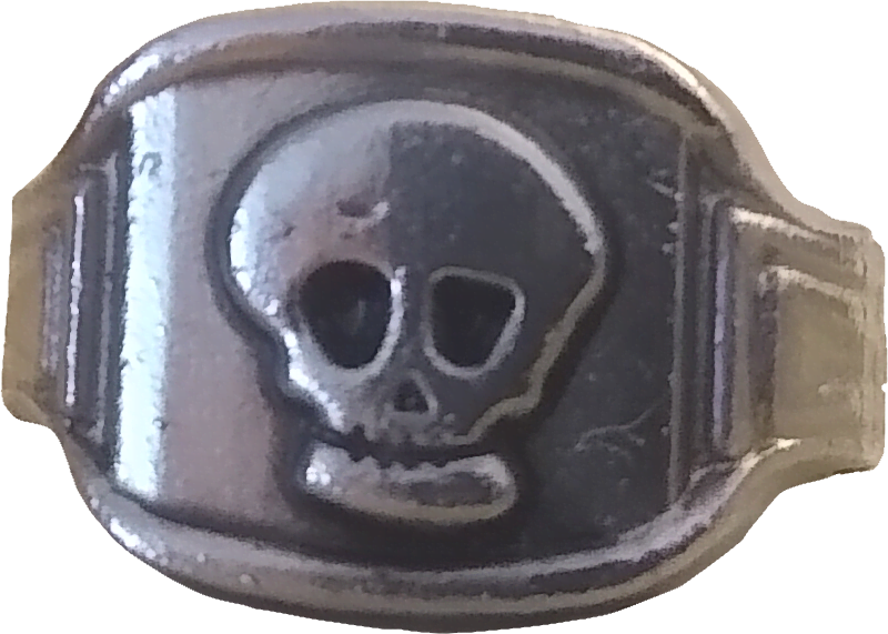 a silver ring with a skull inlaid into it