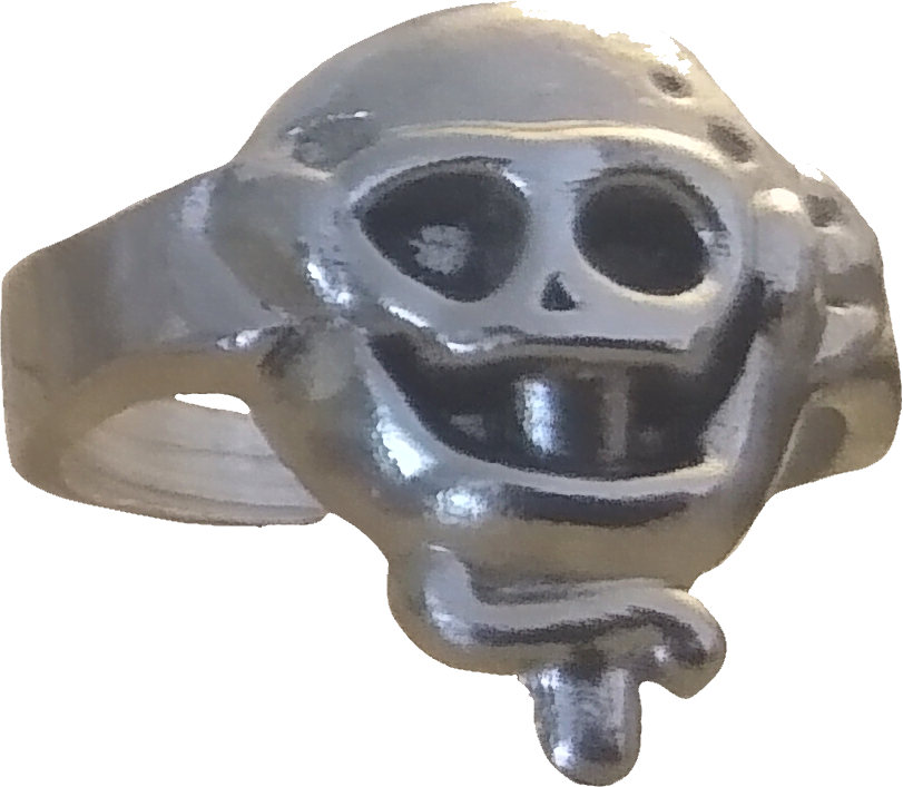 a skull ring with a hilt coming out of the bottom of the skull