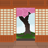 Pixel art of a cherry tree swaying in the wind. In the foreground are two screen doors at the sides.